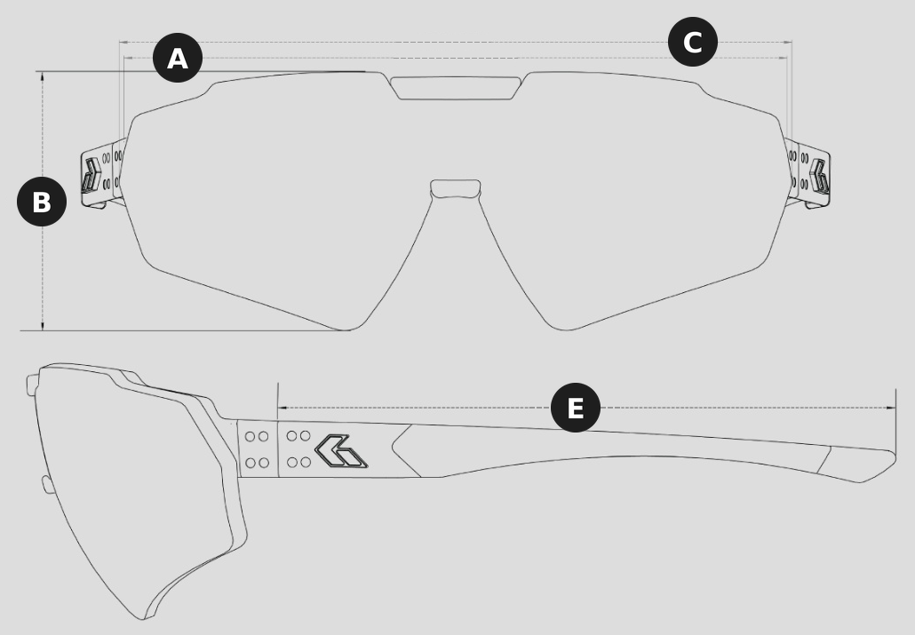 Blastshield frame size diagram: A frame width, B lens height, C lens width, E temple length