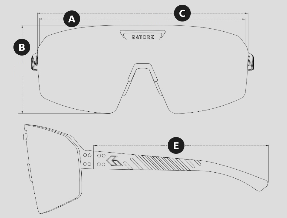 Diagram ng sukat ng Havok frame: A lapad ng frame, B taas ng lens, C lapad ng lens, D lapad ng bridge, E haba ng temple
