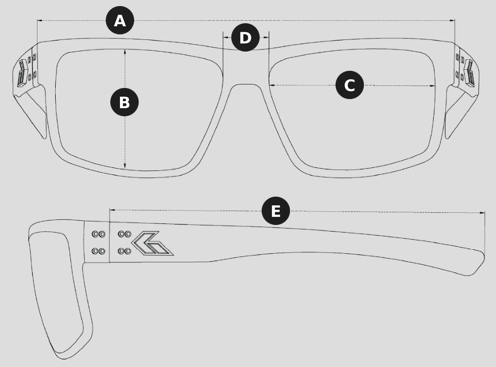 Rig frame size diagram: A frame width, B lens height, C lens width, D bridge width, E temple length